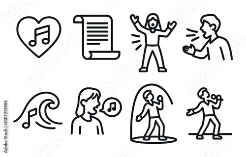 Minimalistic music and singing icons with expressive figures