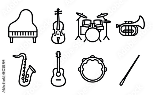 Musical instrument silhouettes featuring piano, violin, drums, trumpet, saxophone, guitar, tambourine
