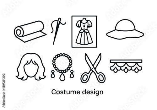 Costume design elements: sewing tools, dress, accessories, hat, wig, scissors