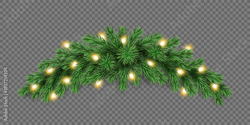 Holiday pine tree garland with glowing Christmas lights isolated on a transparent background. Vector realistic pine tree branches with light bulbs for winter decoration banner, poster, greeting card.