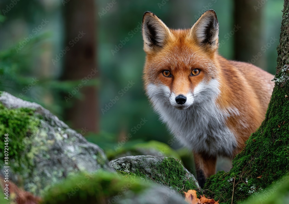 Naklejka premium a fox standing on mossy rocks in the forest