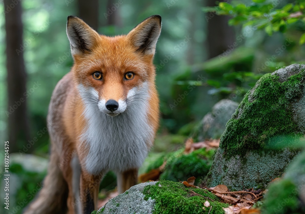Obraz premium a fox standing on mossy rocks in the forest