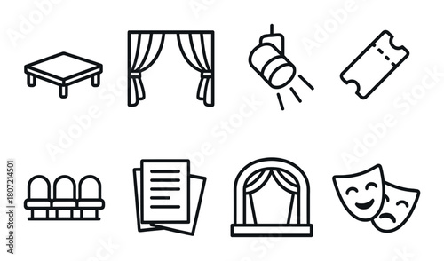 Theater icons set: stage, curtain, spotlight, ticket, seats, scripts, mask
