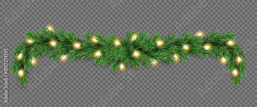 Holiday pine tree garland with glowing Christmas lights isolated on a transparent background. Vector realistic pine tree branches with light bulbs for winter decoration banner, poster, greeting card.