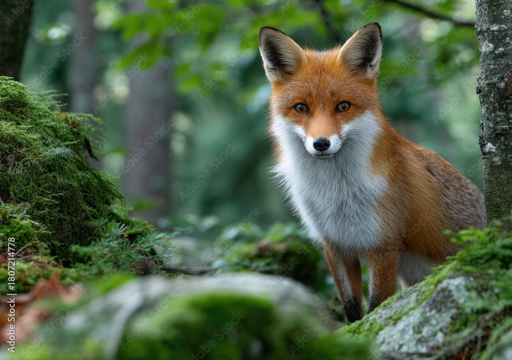Naklejka premium a fox standing on mossy rocks in the forest