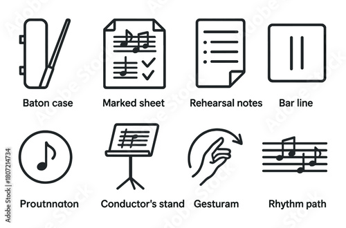 Music notation icons: baton case, sheet, rhythm symbols, conductor's stand, gesture