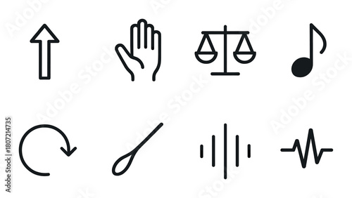 Minimalist black icons: arrow, hand, scales, music note, refresh, spoon, soundwave, heartbeat