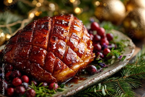Glazed ham on platter garnished with cranberries and evergreen branches, set against blurred Christmas background. Concept of festive celebration featuring baked ham with sweet glaze.