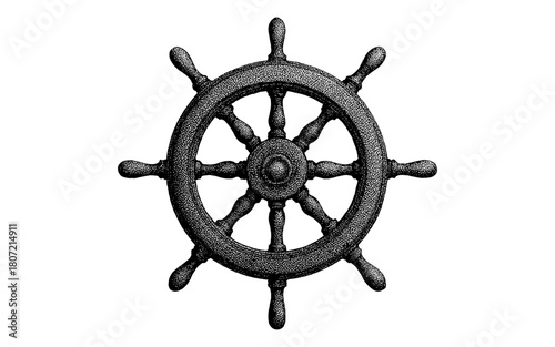 Retro nautical ship wheel in vintage black ink style for maritime designs