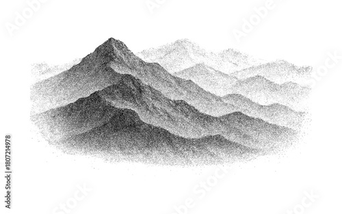 Dotwork mountain range in stipple art style with majestic peaks and detailed shading