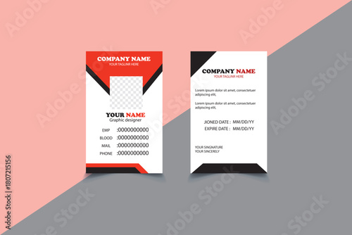 Red Black ID Card Design Template. Modern Employee Identity Card Layout. Professional ID Card Template. Modern Business Identity Badge