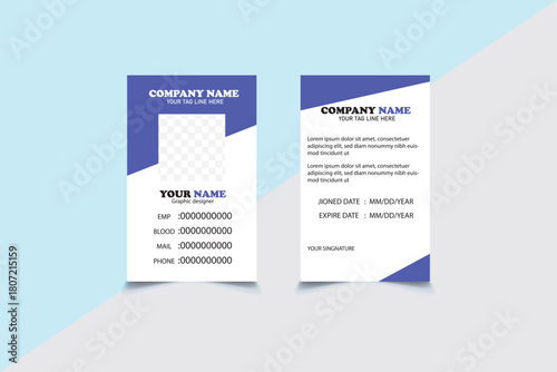 Clean Blue ID Card Layout. Blue Modern ID Card Template. Modern Office Badge Design. Professional Modern Employee Identity. Business ID Card Layout.