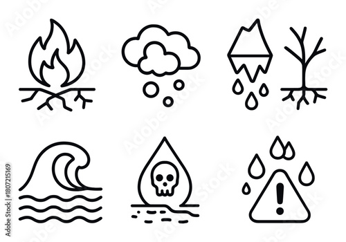 Minimalistic symbols of natural disasters in monochrome style