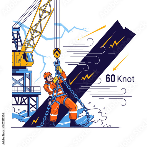 An illustration depicts a worker battling strong winds while managing a crane during a challenging maritime operation amidst a storm.