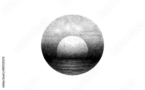 Stippled sun over horizon: retro circular design in detailed monochrome