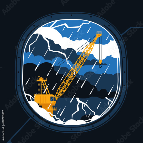 A striking illustration showcases a construction crane amidst a stormy sky, framed within a circular window, depicting a powerful scene.