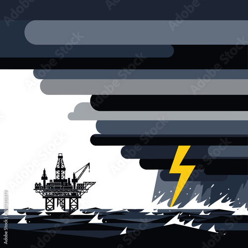 An illustration depicts an offshore oil rig facing a storm with dark clouds and a lightning bolt above the ocean waters.