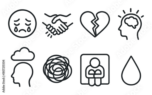 Mental health icons: emotions, support, anxiety, depression, mindfulness, awareness, wellness