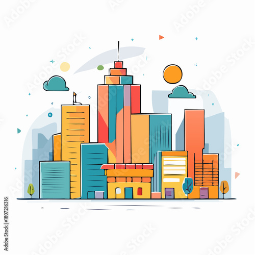 Colorful Urban Skyline Modern Cityscape Illustration Featuring Buildings and Structures