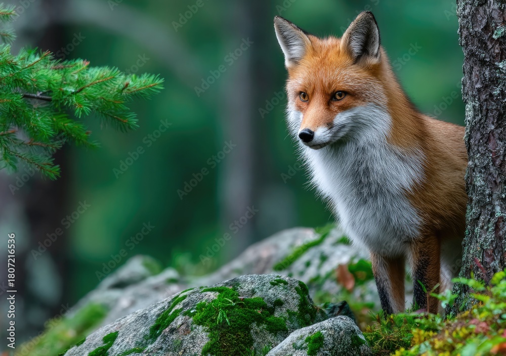 Obraz premium a fox standing on mossy rocks in the forest, motion capture