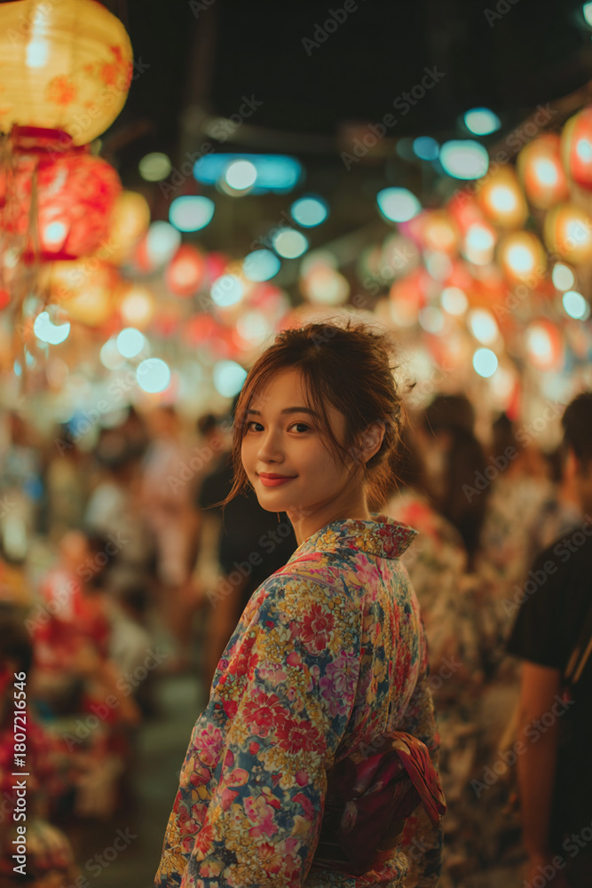 Obraz premium Japanese Woman in Floral Yukata at Vibrant Night Festival