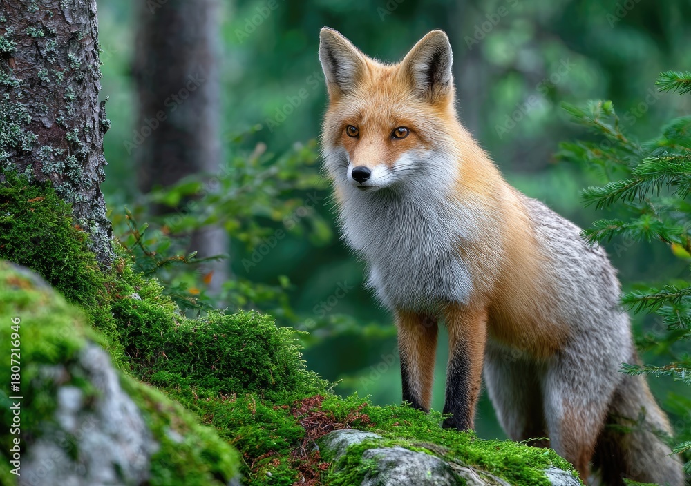 Naklejka premium a fox standing on mossy rocks in the forest, motion capture