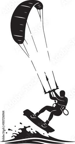 black silhouette of kite surfer on white background, vector