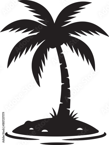black silhouette of island palm on white background, vector.