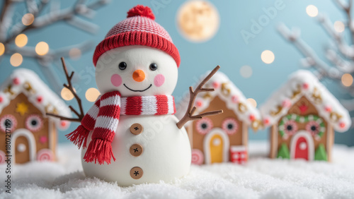 Cheerful snowman wearing red and white striped scarf and hat stands in winter wonderland, surrounded by gingerbread houses and soft snow
