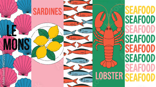 Colorful seafood-themed graphic composition featuring sardines, lemons, lobster, and scallop shells for culinary designs