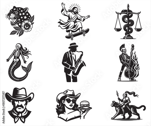 Fantasy Western Musical and Symbolic Icon Set in Black Silhouette Style
