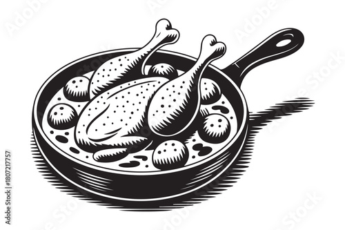 Rustic roasted chicken and potatoes in a skillet