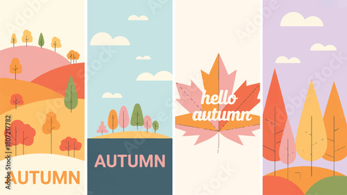 A set of four minimalist vector illustrations depicting serene autumn landscapes with colorful trees, rolling hills, and seasonal foliage