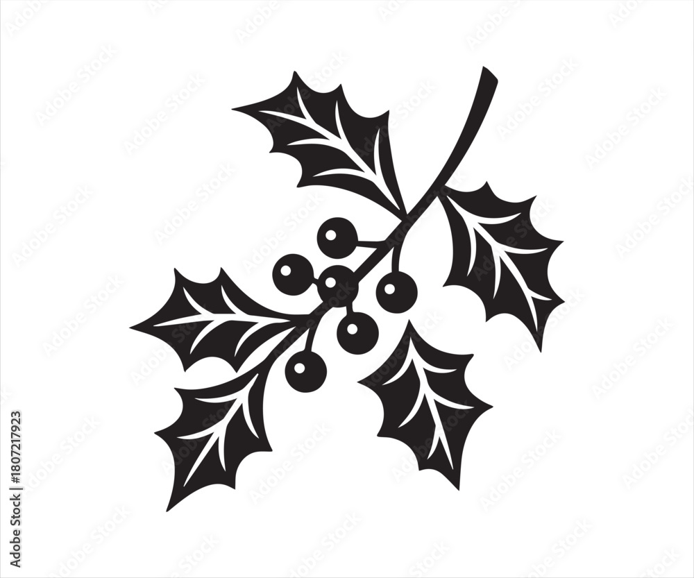 Fototapeta premium Holly Leaves and Berries Christmas Silhouette Illustration