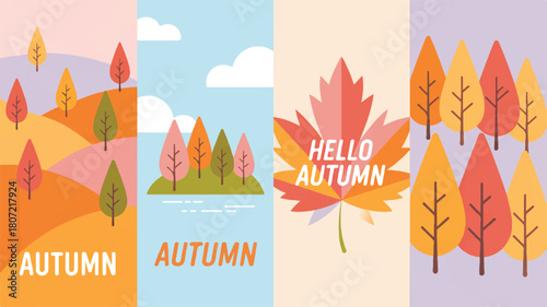 Four minimalist autumnal scenes, showcasing colorful trees and abstract natural elements, evoking a sense of seasonal transition and cozy ambiance