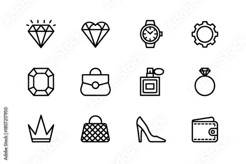Fashion and Luxury Icon Set Featuring Jewelry Handbags and Accessories Representing Style and Elegance Collection of Modern Outlined Graphics