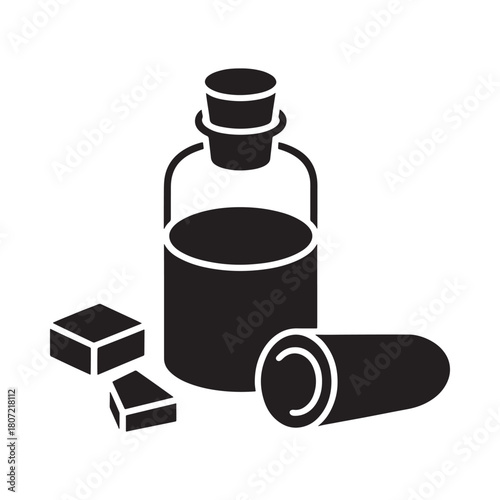 Black and white illustration of a potion bottle with cubes and a scroll