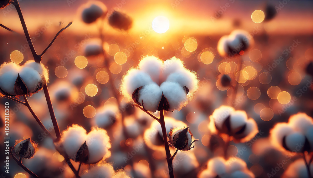 Fototapeta premium A close-up of soft fluffy cotton bolls on thin brown branches in a cotton field at sunset