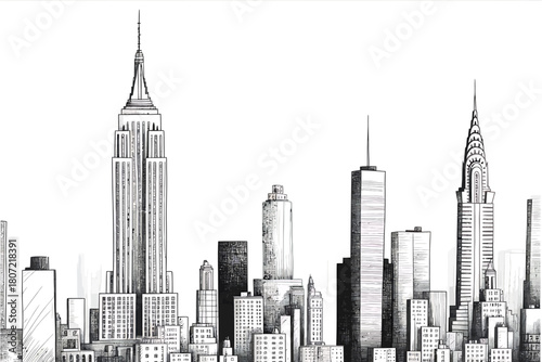 Detailed Sketch of New York City Skyline Featuring Iconic Skyscrapers and Urban Architecture Perfect for Travel and Design Projects
