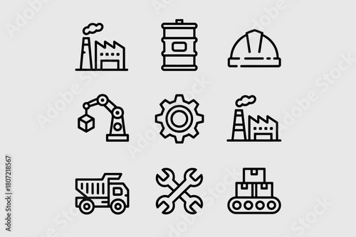 Manufacturing and industrial processes represented through simple line icons providing a clean visual summary of industry