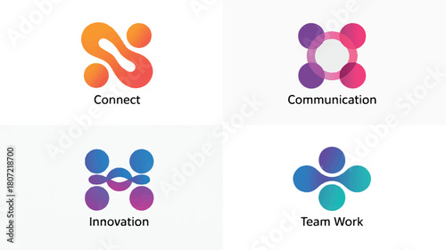 Vibrant set of four abstract geometric graphic icons featuring smooth color gradients, symbolizing digital networks, synergy, and forward-thinking corporate strategies