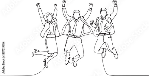Line art of business people jumping for joy. Team success, achievement, and celebration.