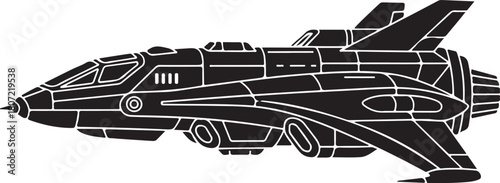 black silhouette of spaceship on white background, vector.