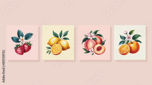 A beautiful collection of four square botanical art prints featuring vibrant summer fruits strawberry, lemon, peach, and orange