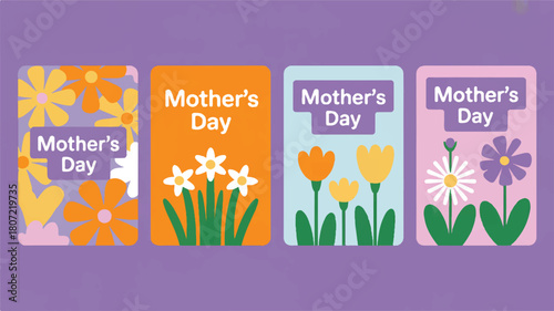 Four vibrant Mother's Day greeting cards with floral designs and colorful backgrounds, perfect for celebrating!