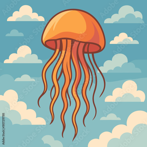 Bright orange jellyfish floating among fluffy clouds in a playful design