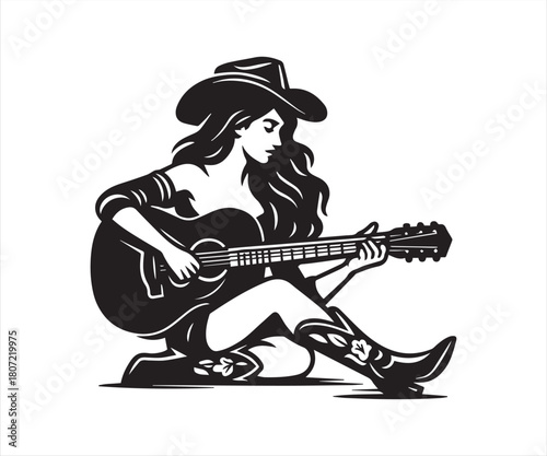 Cowgirl Playing Guitar – Western Country Music Woman Vector Illustration