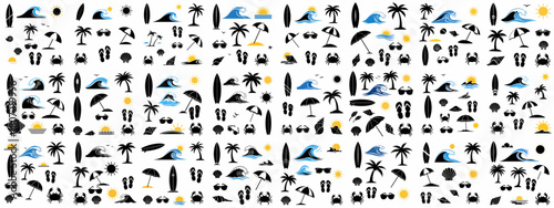 Black and Yellow/Blue Seamless Pattern of Tropical Beach and Summer Holiday Vacation Icons: Waves, Surfboards, Palm Trees, Sun, and Accessories.