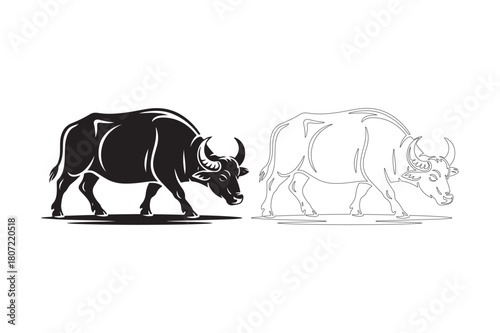 Bold silhouette of a gaur bull contrasts with a detailed sketch of a herd