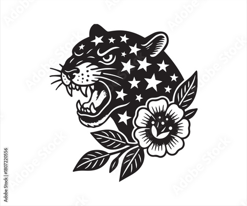 Star Patterned Leopard Head With Flower – Bold Wild Cat Vector Illustration